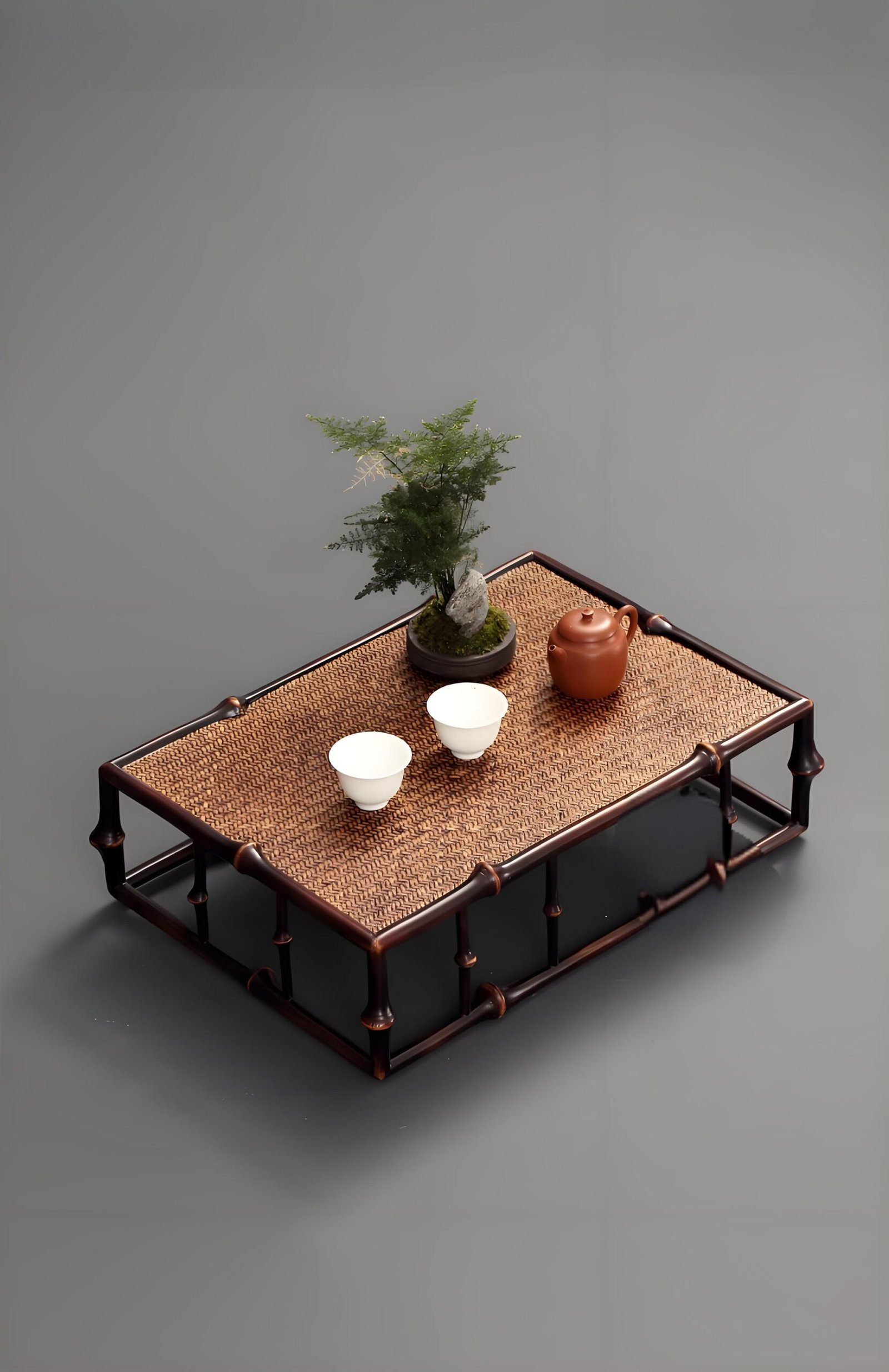 Traditional Qiong bamboo tea table with lacquer finish, featuring a bonsai plant, a teapot, and tea cups, set against a minimalist background.