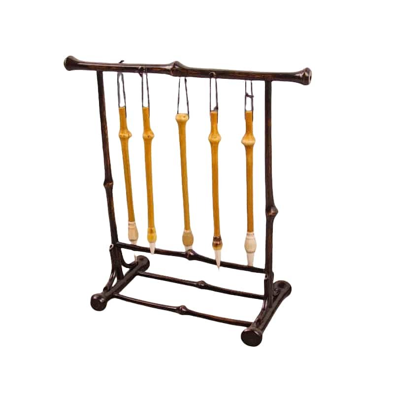 A decorative Chinese Calligraphy Brush Pen Rack featuring five hooks, elegantly suspending Qiongzhu Bamboo pieces. The rack and bamboo offer an Ecobamtech finish, blending rustic charm with aesthetic appeal.