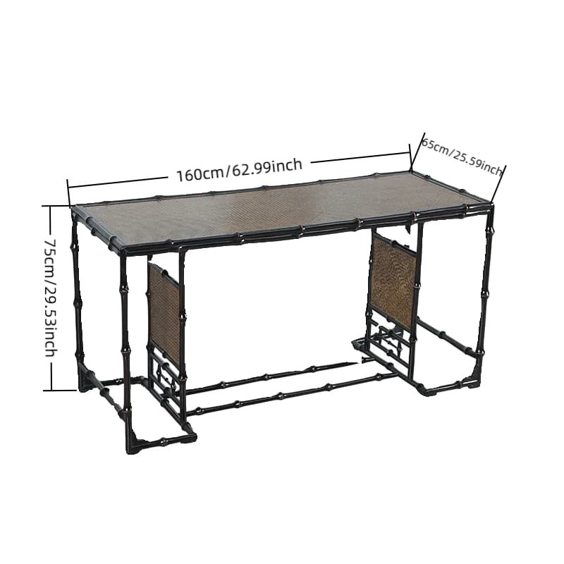This Handmade Chinese Qiongzhu Furniture piece, known as the Bamboo Table for Tea, combines elegance and functionality. Crafted with black metal pipes and designed with a sleek mesh on its sides, it measures 160 cm in length, 65 cm in width, and stands 75 cm tall.