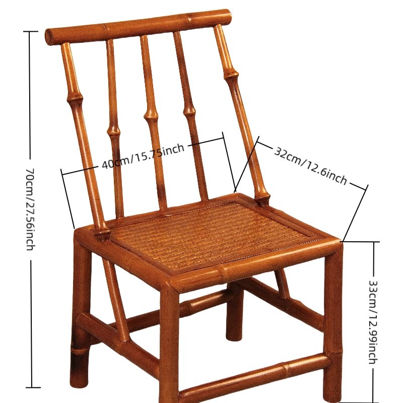 The Home Use Qiongzhu Bamboo Armless Backrest Small Chair with Weaving Mat features a bamboo-style frame and a rattan seat, complemented by an armless backrest with three horizontal supports. Its dimensions are height 70cm (27.56 inches), width 40cm (15.75 inches), seat depth 32cm (12.6 inches), and seat height 33cm (12.99 inches).