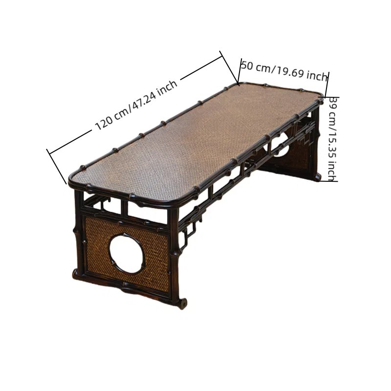A rectangular bamboo bench with a woven seat and decorative side panels. Measurements are shown: length 120 cm (47.24 inches), width 50 cm (19.69 inches), height 39 cm (15.35 inches).