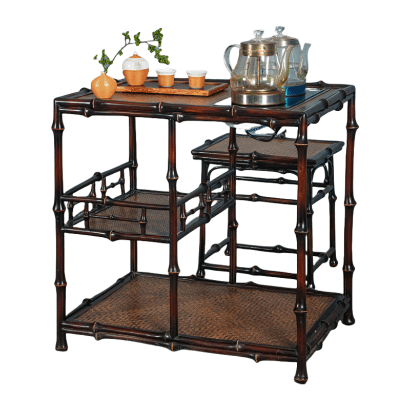 Discover the Qiongzhu Bamboo Water Boiling Tea Table, a beautifully finished wooden stand with an elegant Ecobamtech bamboo-like design. It features a teapot, three cups, a small plant, and multiple shelves for storage, all set against a dark finish with intricate detailing reminiscent of Qiong Bamboo's elegance.