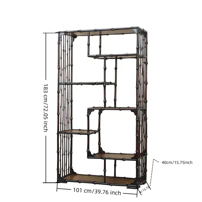 A metal and wood shelf with an industrial design. It has multiple levels and compartments, measuring 183 cm (72.05 inches) in height, 101 cm (39.76 inches) in width, and 40 cm (15.75 inches) in depth.