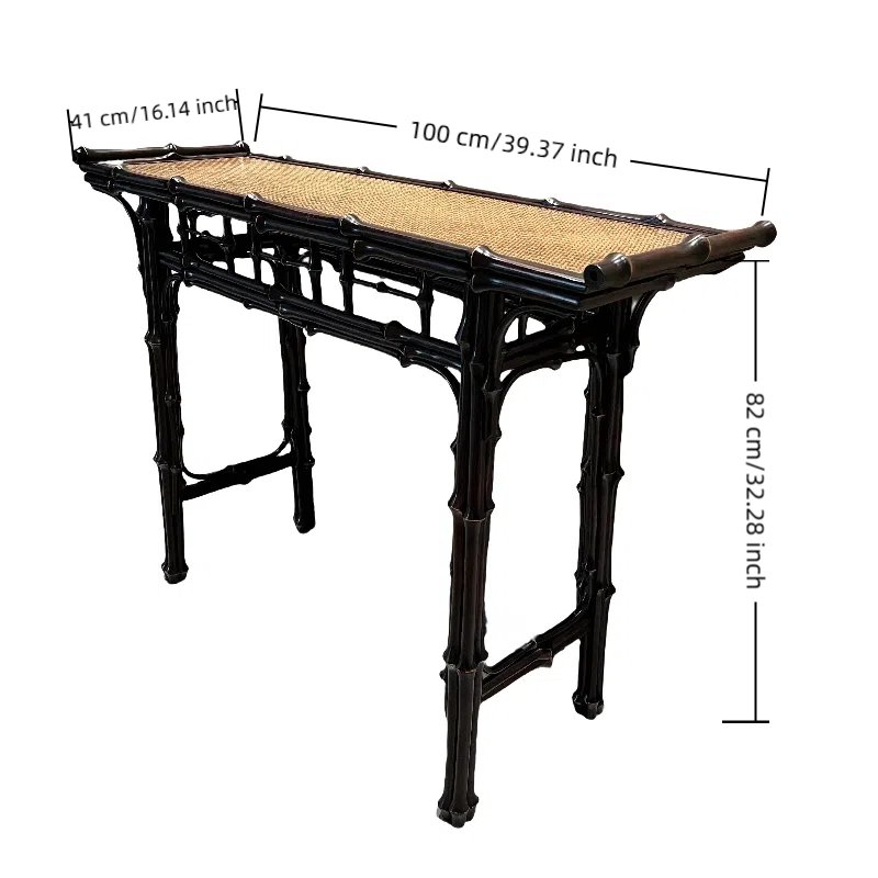 A narrow wooden console table with a woven top and bamboo-style legs. Dimensions are labeled as 100 cm long, 41 cm wide, and 82 cm high.